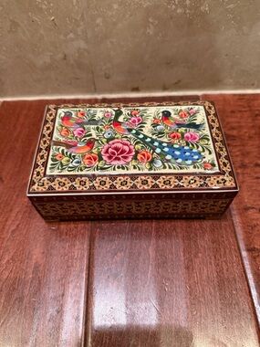Vintage Persian Marquetry Inlay Wood Antique Trinket/Jewelry Box, Hand Painted